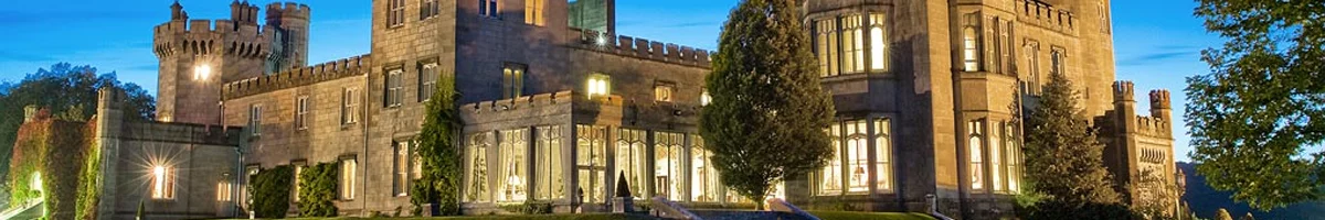Dromoland castle illuminated with lights and trees outside at dusk